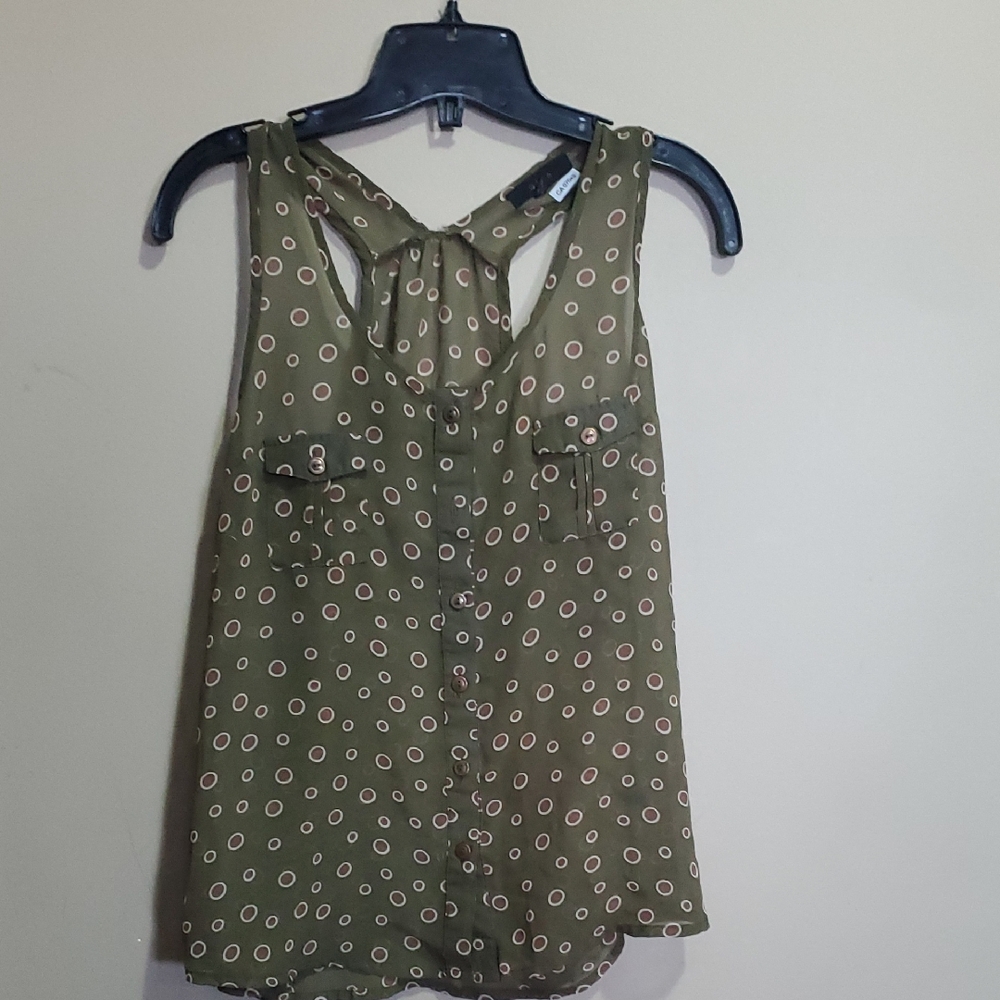 Mine Olive Green Sleeveless Blouse with Dots Size Small